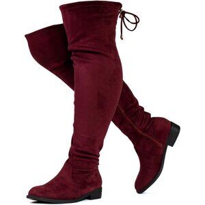 Women's Burgundy Rounded Toe Stretchy Over The Knee Low Heel Wide Calf Boots